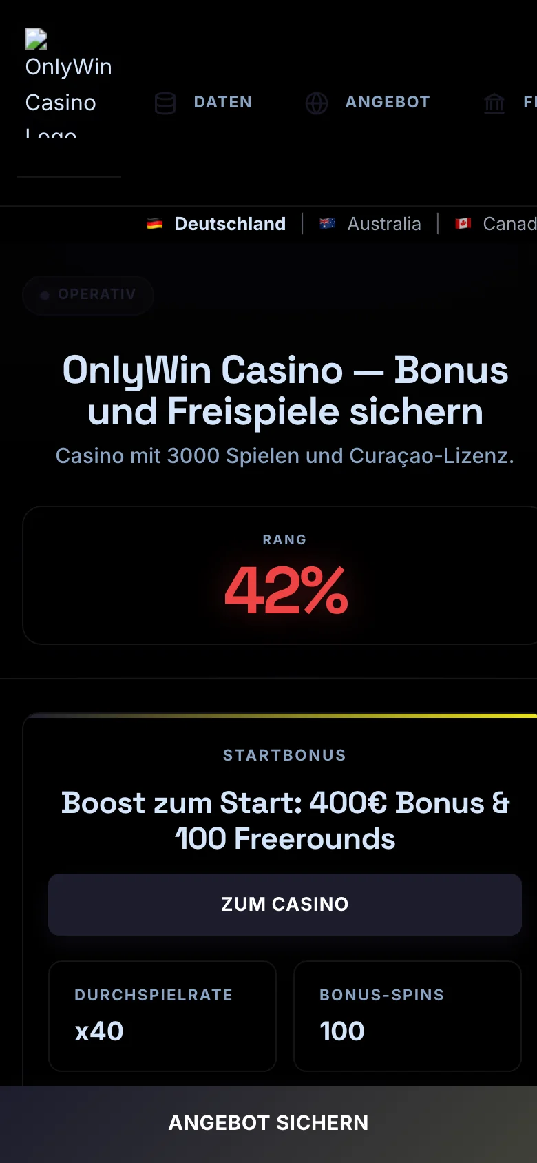 OnlyWin Casino mobile lobby screenshot