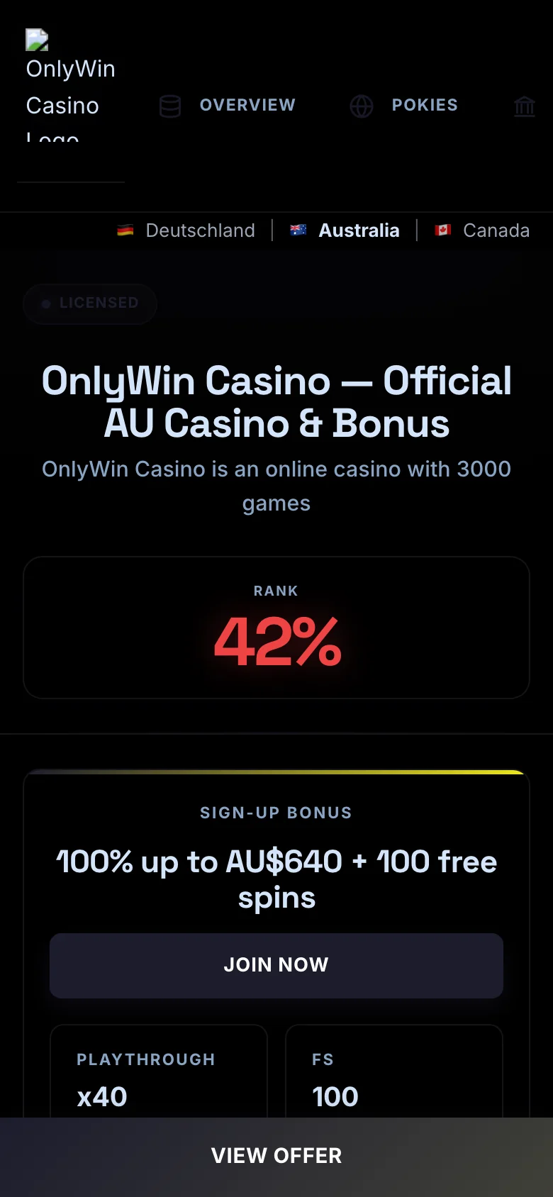 OnlyWin Casino mobile lobby screenshot