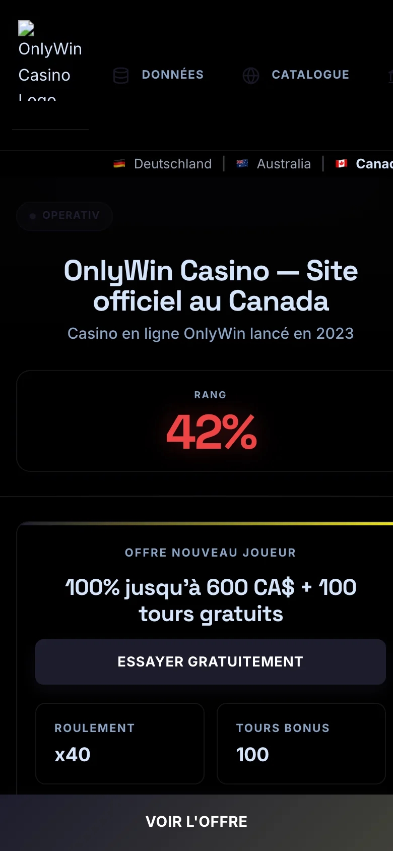 OnlyWin Casino mobile lobby screenshot